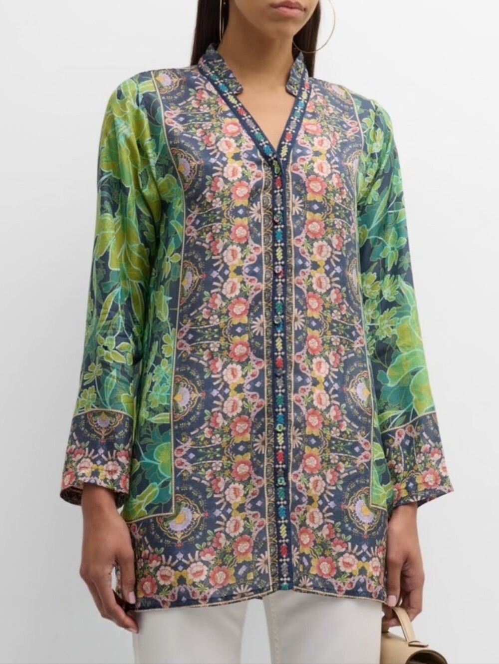 Johnny Was 100% Silk Navy Floral Print Button-Front Blouse, NWOT, Size Large